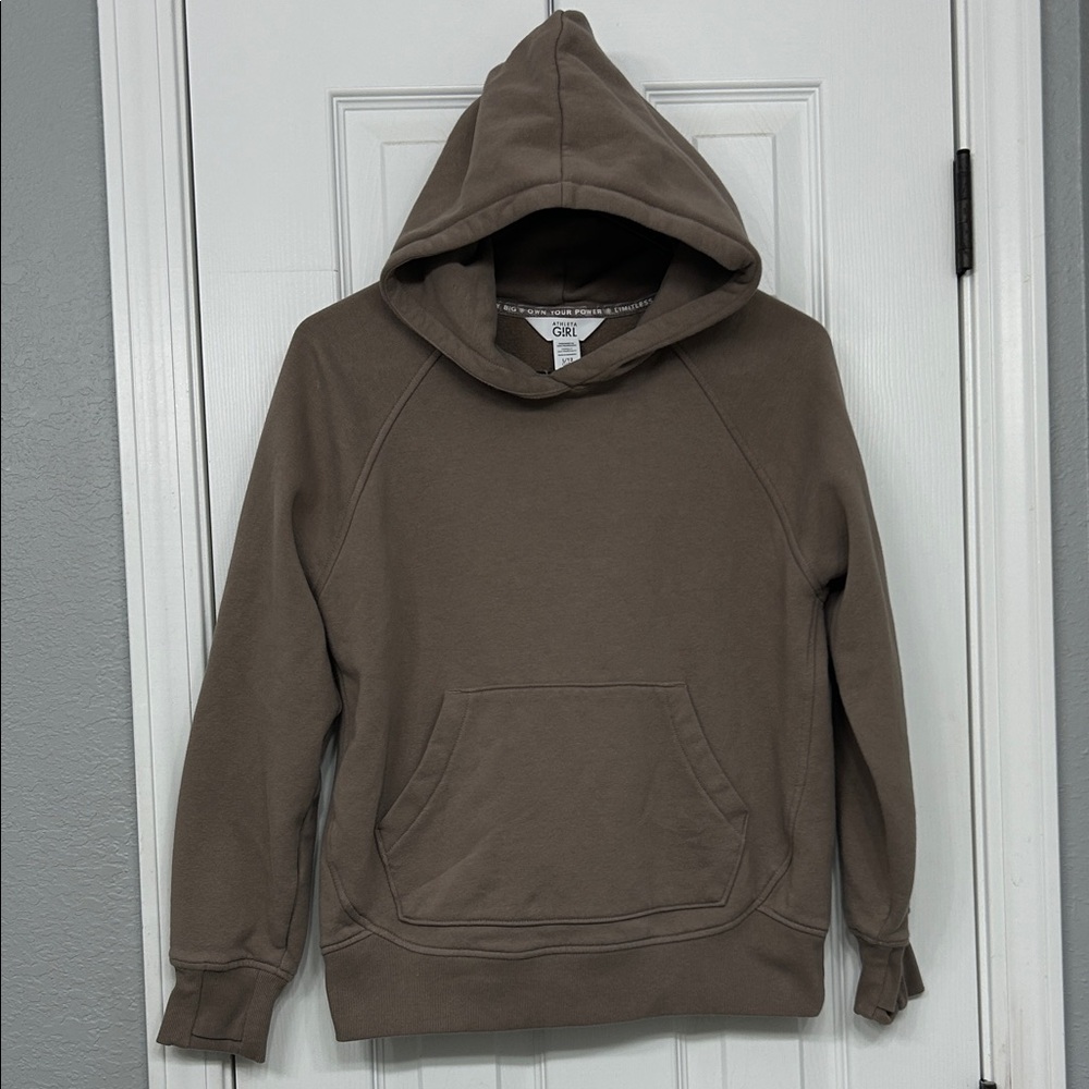 Athleta Girl Pullover Hoodie L/12 Beige | “Dream Crazy Big Own Your” Collar